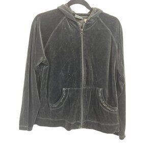 Chicos Sz 1 (US M US 8) Women Black Velour w Sequin Details Pockets Hoodie Sweat